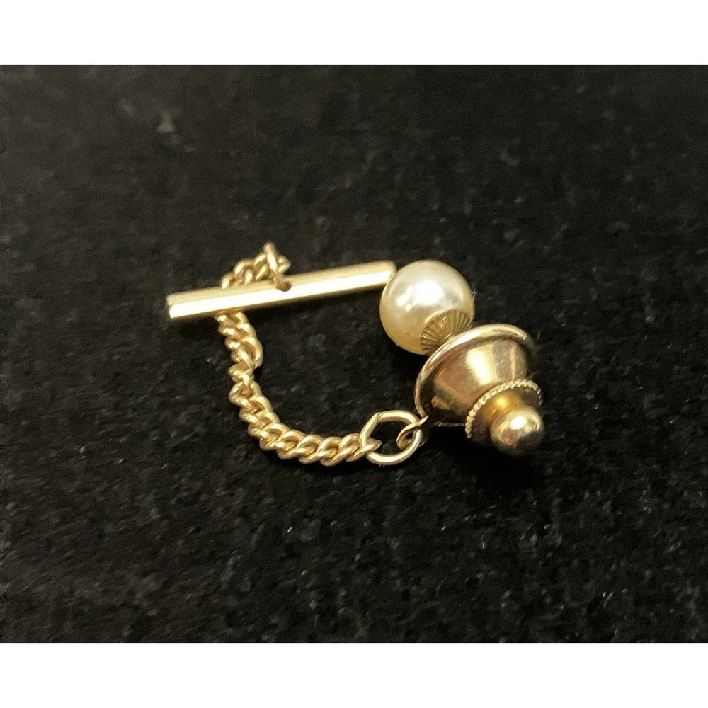 VTG Faux Solitaire Pearl Gold Tone Tie Tack & Chain Men’s Estate Jewelry